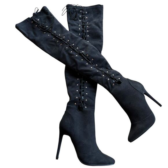 New Forever Womens Over The Knee Black Suede Boot stretch Stiletto Lace Zip 8.5 - Picture 1 of 11
